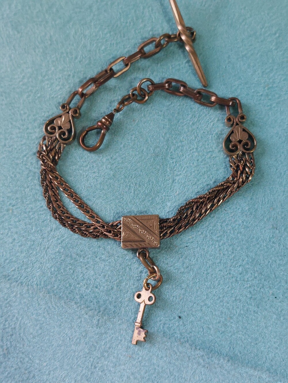 Antique Victoria-Era Albertina Pocket Watch Chain, 9" Gold-filled With Slider